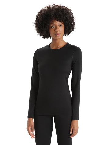 Women's Icebreaker Merino 200 Oasis Long Sleeve Crewe Thermal Top Base Layers Black | CA 1016FDNM